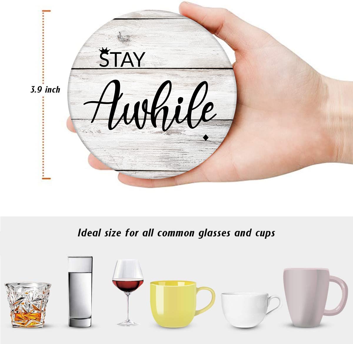 Britimes Coaster For Drinks Set Of 6, Wooden Planks Wood Paint Table Absorbent Round Ceramic Stone Mat, With Cork Base And Metal